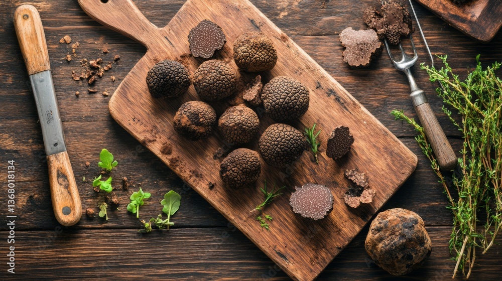 Poster An overhead view of a selection of truffles on a wooden cutting board, with a focus on their distinctive shape and texture, surrounded by a few kitchen tools.