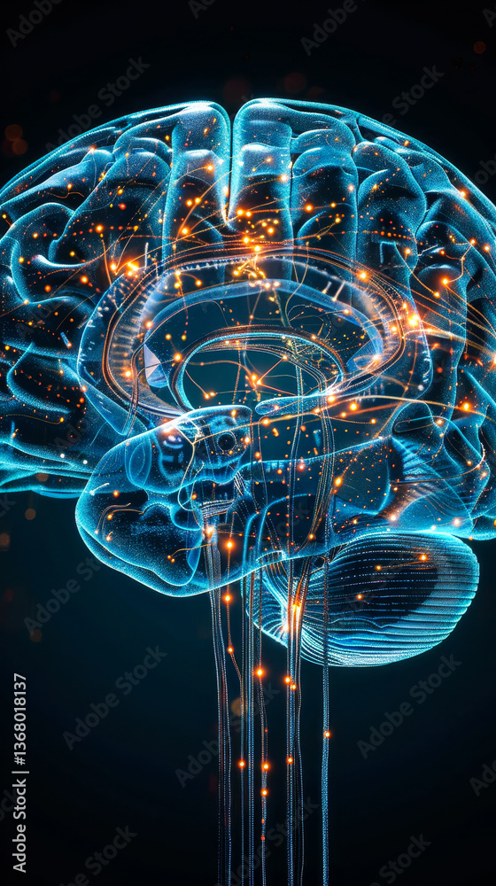 Poster futuristic digital smart brain technology illustration with neural network and data connections in d