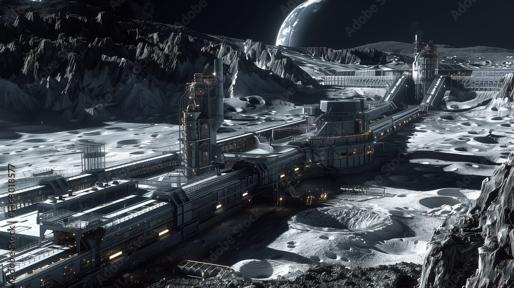 Poster This futuristic lunar facility extracts regolith from asteroids for resource refining in deep space.