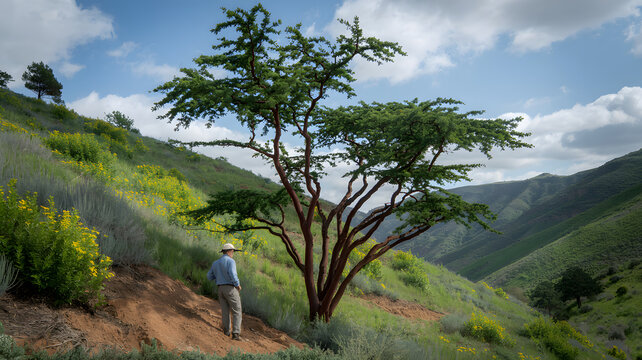 designer planning erosion control measures on steep property, native quebracho blanco tree as focal point