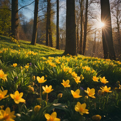 Obraz premium Golden Hour Sunlight Illuminates a Field of Yellow Spring Flowers in a Majestic Forest