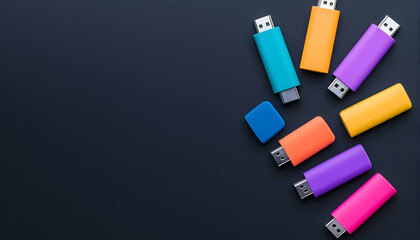 Colorful USB flash drives arranged on a dark background, leaving copy space