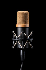 Condenser microphone with shock mount on black background