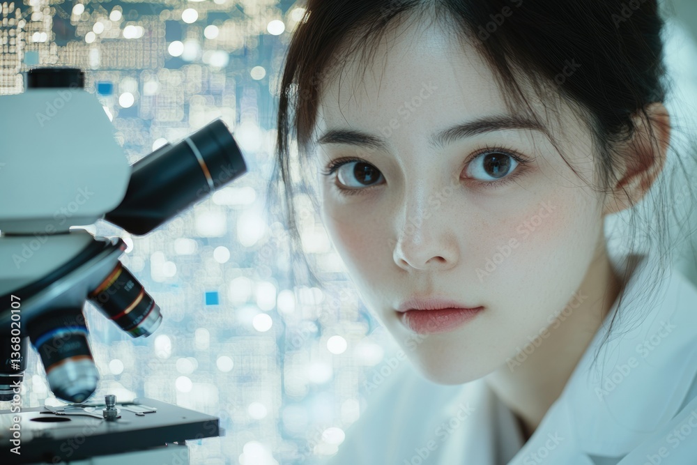 Poster a young female scientist focuses intently on a microscope, working in a modern laboratory setting.