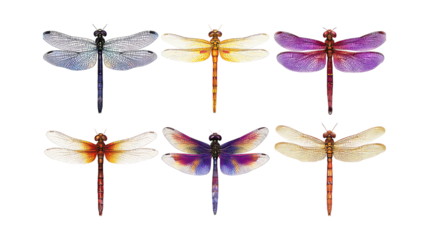 Pack Dandy Dragonfly set in Different Poses Against Transparent Background for Nature Illustrations, Insect Art, or Wildlife Designs