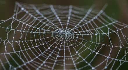 Obraz premium Intricate spider web adorned with dew drops, captured in a serene natural setting