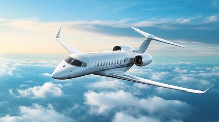 Obraz premium Private jet flying above clouds at sunset.