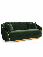 Fototapeta premium Elegant dark green velvet sofa with gold trim, curved lines, and channel tufting