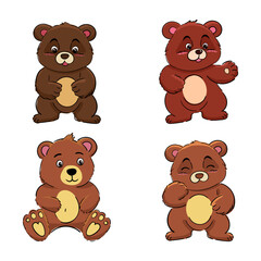 Set of cute Brown Bear character standing, sitting, cartoon vector illustration isolated on white background. Baby bears hand drawn. elements for design printing.