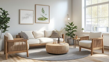 Modern Minimalist Living Room Interior Design with Wooden Furniture and Natural Decor