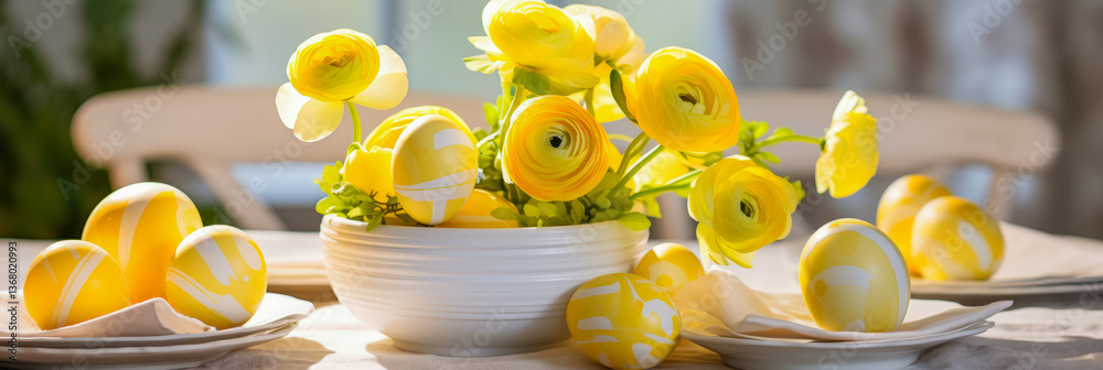 Poster colorful yellow flowers and decorated eggs create a joyful spring centerpiece on a dining table