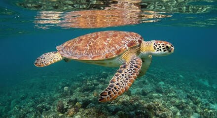 Obraz premium Graceful sea turtle swimming over vibrant coral reef in clear blue ocean waters