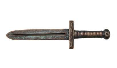 Ancient bronze dagger with intricate design for historical display on a transparent background, cut out