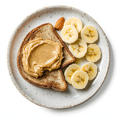 Stylish breakfast plate with toasted whole-wheat bread topped with almond butter, sliced bananas, and a single almond, healthy and appetizing presentation