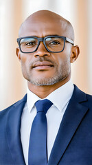Confident bald businessman in suit and glasses