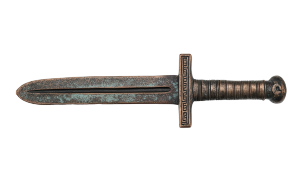 Ancient bronze dagger with intricate design for historical display on a transparent background, cut out