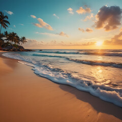 Stunning Tropical Sunset Beach Scene Golden Hour Waves Crashing on Sandy Shore