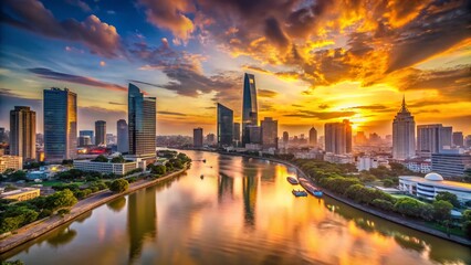 Fototapeta premium Saigon Sunrise: Skyscrapers and River at Dawn - Panoramic Cityscape