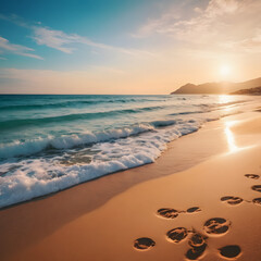 Serene Sunset Beach Scene Ocean Waves Gently Lap Shore Leaving Footprints in Golden Sand
