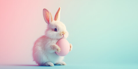 Easter concept: An Easter bunny rabbit embracing an egg with its front paws, set against a lite blue background