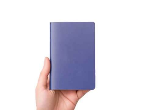 Blue notebook held in hand for writing and creative ideas on a transparent background, cut out