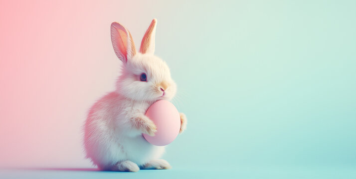 Easter concept: An Easter bunny rabbit embracing an egg with its front paws, set against a lite blue background
