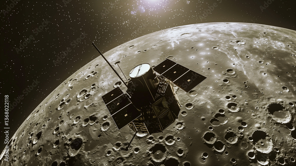 Poster this spacecraft hovers above an asteroid, focusing on regolith excavation for resource refinement.