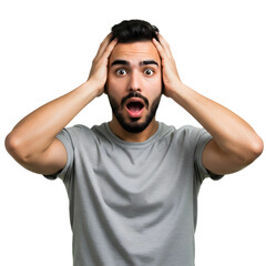 An emotional young man with round eyes, an open mouth, and hands pressed to the top of his head, showing astonishment and shock, PNG format