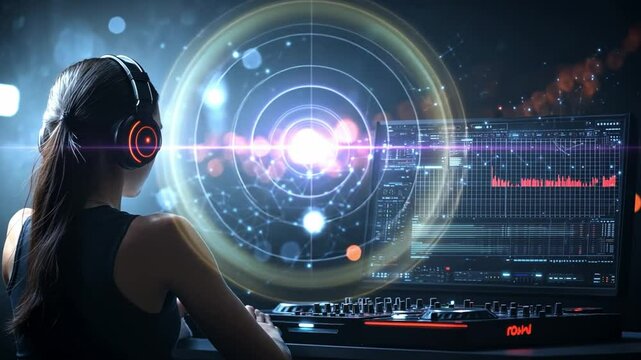 Woman Immersed in Technology: A woman is deeply engrossed, utilizing advanced technology to produce complex visual representations.