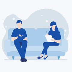 A man and a woman are sitting on a couch. The man is reading a book while the woman is writing in a notebook. Concept of relaxation and leisure