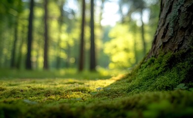 Exploring Mossy Forest Floor Around Tree Trunk with Soft Sunlight