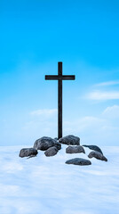 Dark wooden cross atop rocks in snowy landscape under a clear blue sky