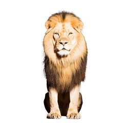 Fototapeta premium Majestic lion standing tall with a captivating gaze, showcasing its rich mane and powerful presence, isolated on a white background.
