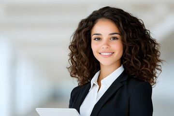 Confident businesswoman with curly hair, smiling, holding a tablet