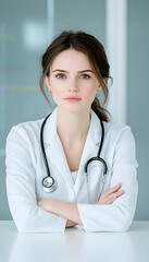 Confident female doctor with stethoscope, arms crossed, seated at a white table