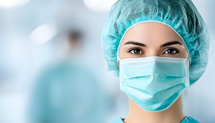 Confident female medical professional in surgical mask and cap