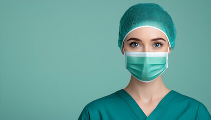 Confident female medical professional in surgical cap and mask