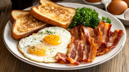 A breakfast plate with crispy bacon, fried eggs, and buttered toast, served on a rustic wooden table for a hearty morning meal.