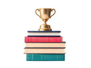 Award trophy atop stacked books representing academic achievement on a transparent background, cut out