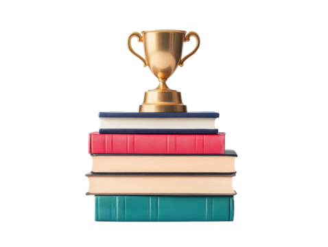 Award trophy atop stacked books representing academic achievement on a transparent background, cut out