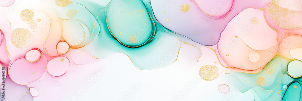 Poster Bright, fluid shapes in pastel colors blend harmoniously, creating an abstract design with gold flecks and soft edges visible