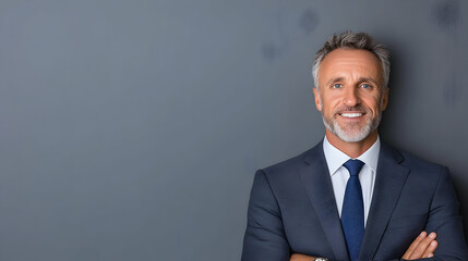 Confident, mature businessman smiling with arms crossed against a gray background