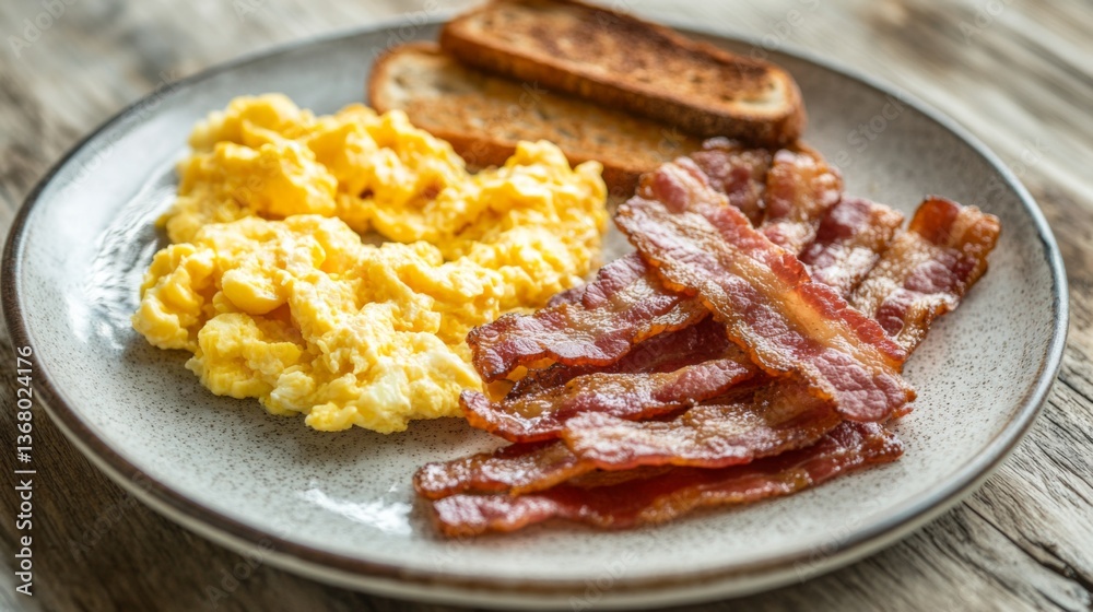 Poster A breakfast plate with crispy bacon strips, scrambled eggs, and toast, served on a rustic table with natural light.