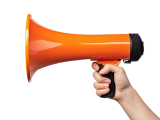 Orange megaphone held in hand for announcements and events on a transparent background, cut out