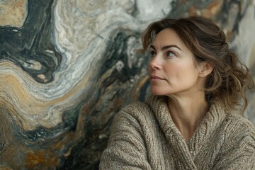 Naklejka premium A pensive middle-aged woman gazes thoughtfully against a backdrop of swirling marble.