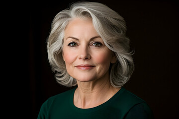 Confident mature woman with shoulder-length gray hair, wearing a dark green top
