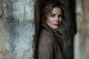 Fototapeta premium A woman with brown hair, wearing a brown coat, leans against a stone wall, her gaze intense and thoughtful.