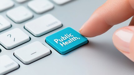A close-up of a hand pressing a blue keyboard key labeled "Public Health," emphasizing the importance of health awareness in the digital age, health info records management.