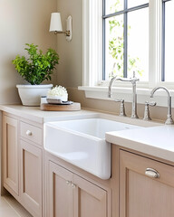 Fototapeta premium Farmhouse style kitchen sink with light wood cabinets and white countertop