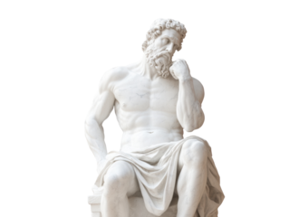 Contemplative statue of a muscular man in classical pose on a transparent background, cut out